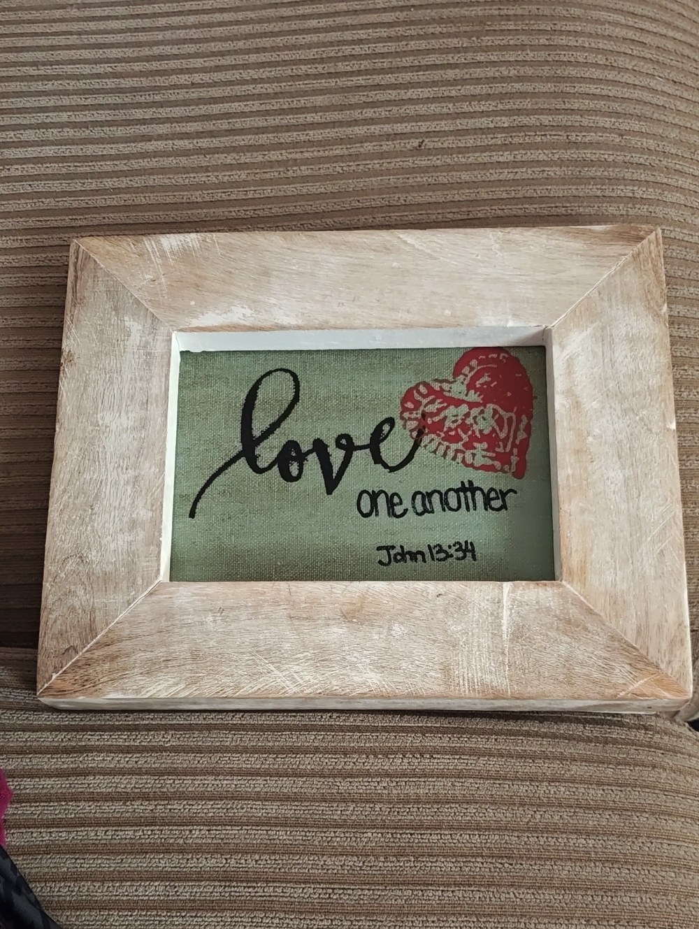 Handmade Love One Another Framed Wall Art - Red Heart on Green